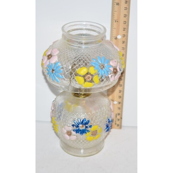 Vtg  Miniature oil Lamp Floral COSMOS Pattern flaws  clear glass - Picture 2 of 9